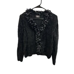Vintage Estelle Cardigan Sweater Long Sleeve Satin Ruffle Trim Cozy Whimsigoth